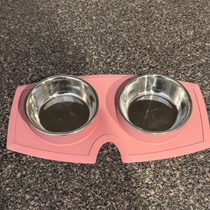 Stainless Steel Cat Bowls with Pink Silicone Mat